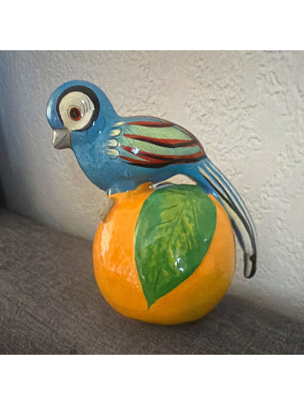 Vintage Mexican Folk Art Hand-Painted Pottery Blue Bird on Orange Figurine